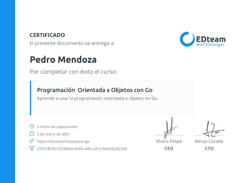 Pedro Mendoza´s diploma for succesfully complete the course OBJECT ORIENTED PROGRAMMING