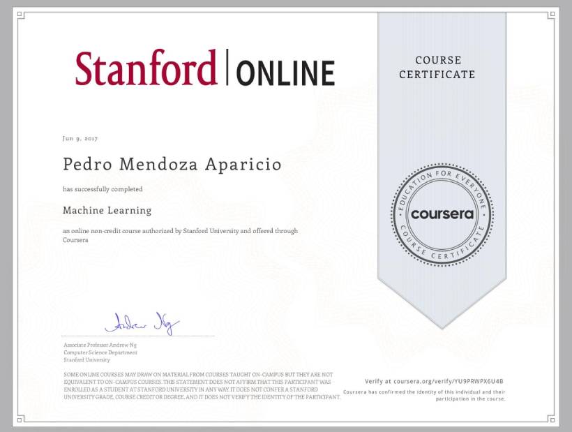 Pedro Mendoza´s Stanford´s diploma on succesfully complete MACHINE LEARNING course